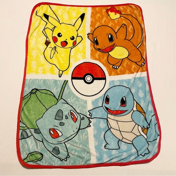 Pokemon Fleece Blanket with Pikachu Charmander Bulbasaur and Squirtle 47” x 36” - Picture 1 of 16